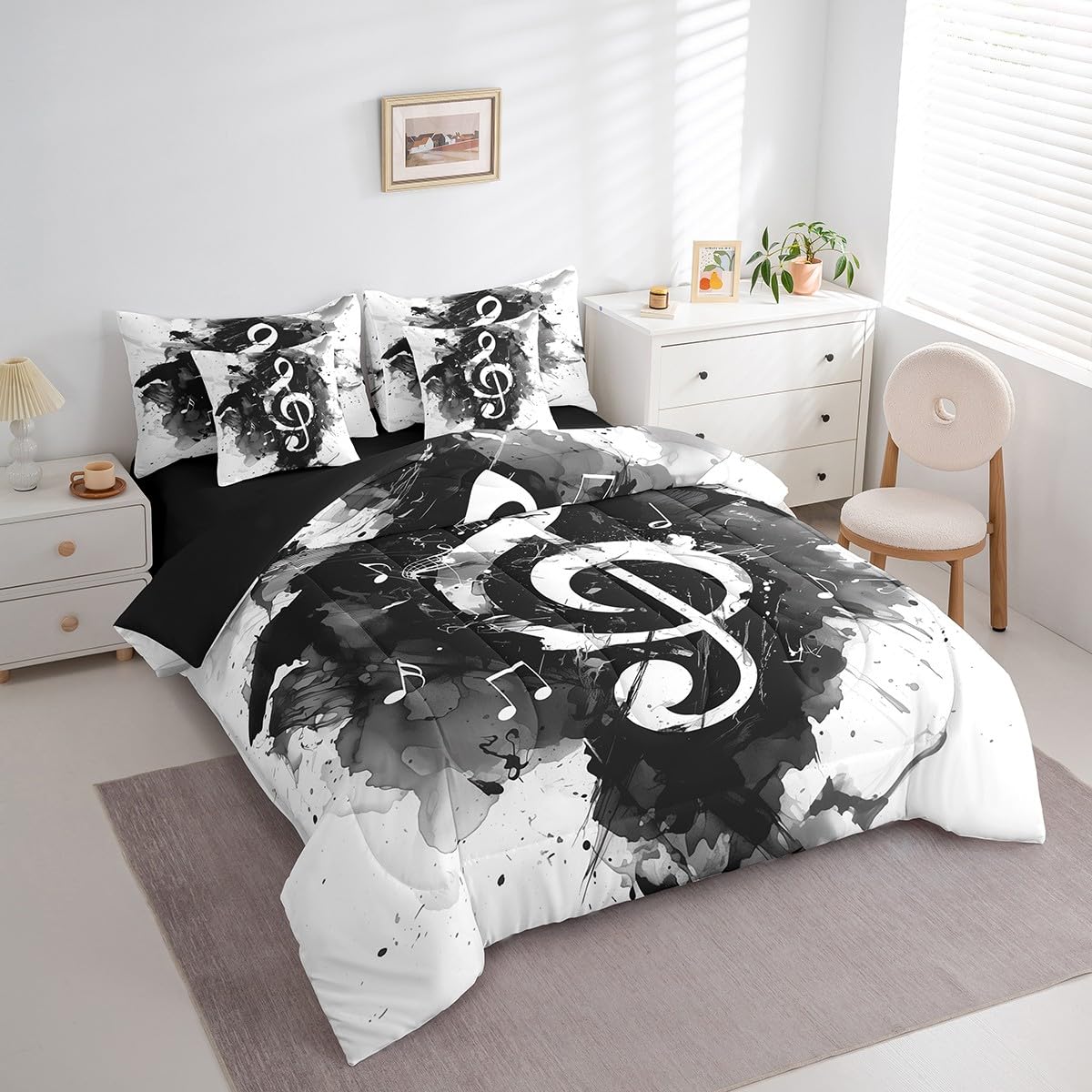 Feelyou Music Comforter Set with Sheets Queen Size Guitar Instruments Bed in a Bag for Boys Girls Teens Black White 7 Pieces Bedding Set Soft Lightweight Microfiber