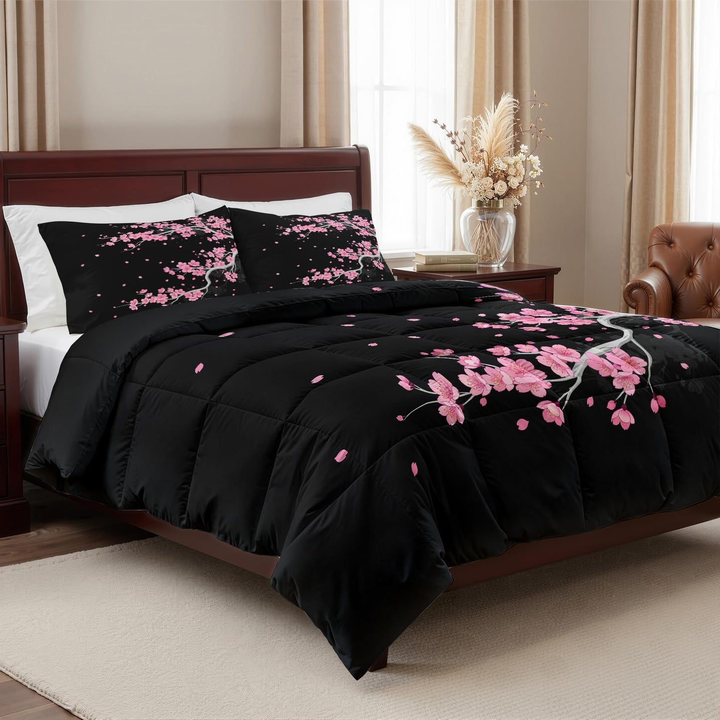 Japanese Cherry Blossom Comforter Set Twin Size 2 Pcs - All Season Comforter & Pillowcase, Asian Bedding Set, Soft Lightweight Down Alternative Duvet Insert, Pink and Black Bedroom Decor