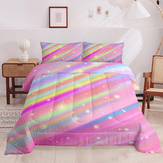 Nttopship Blue and Violet Comforter Set for Girls Kids Teens,Full Size Rainbow 3 Pieces Gradient Glitter Bed in A Bag Full,Colorful Galaxy Ultra Soft Bedding Sets for Girls,All Season