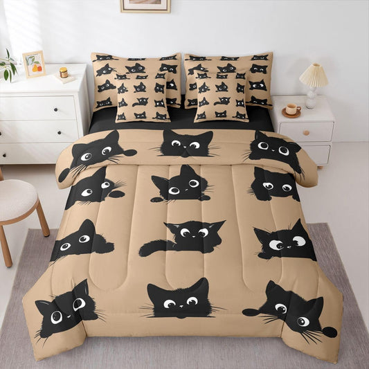 Erosebridal Cute Black Cats 7-Piece Bedding Set Full Size for Kids Boys Girls (Black and Khaki) - Funny Cats Bed in a Bag Cartoon Kitten Animal Comforter Set with Sheets Cute Cat Duvet Insert