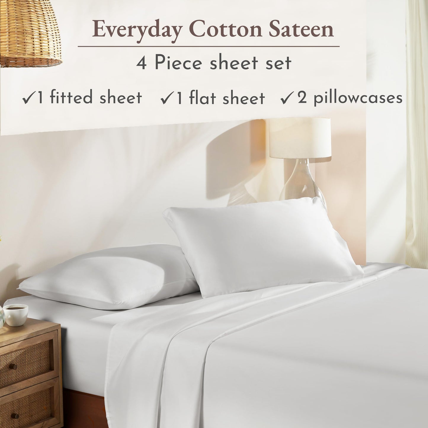 California Design Den Deep Pocket Queen Sheets Set - Natural 100% Cotton Sheets Queen Size Bed Set, Soft Sateen Weave, Breathable and Durable Bedding Ivory (Eggshell)