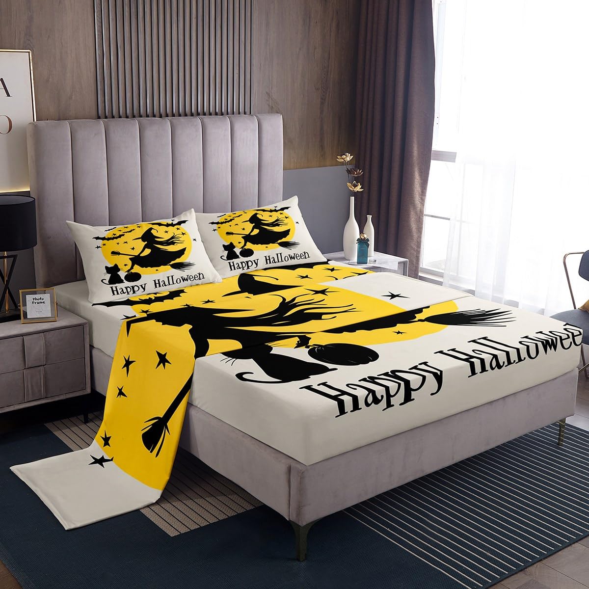 Feelyou Kids Halloween Sheet Set Full Size, Witch Bed Sheets Set Boys Girls Happy Halloween Bedding Set Black Bat Teens Bedroom Decor Microfiber Soft Bed Set