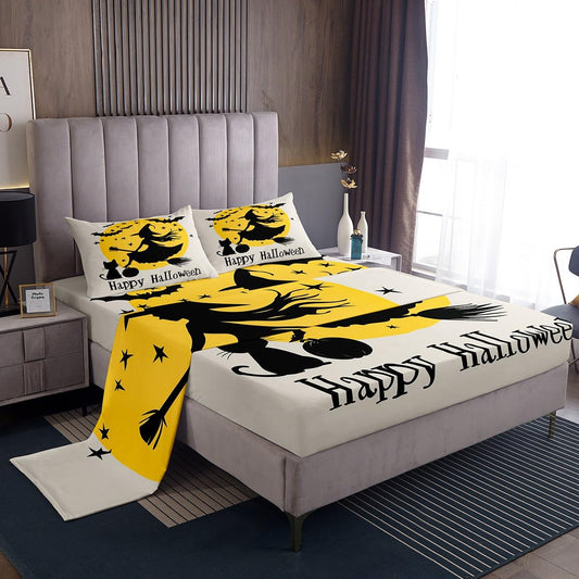 Feelyou Kids Halloween Sheet Set Full Size, Witch Bed Sheets Set Boys Girls Happy Halloween Bedding Set Black Bat Teens Bedroom Decor Microfiber Soft Bed Set