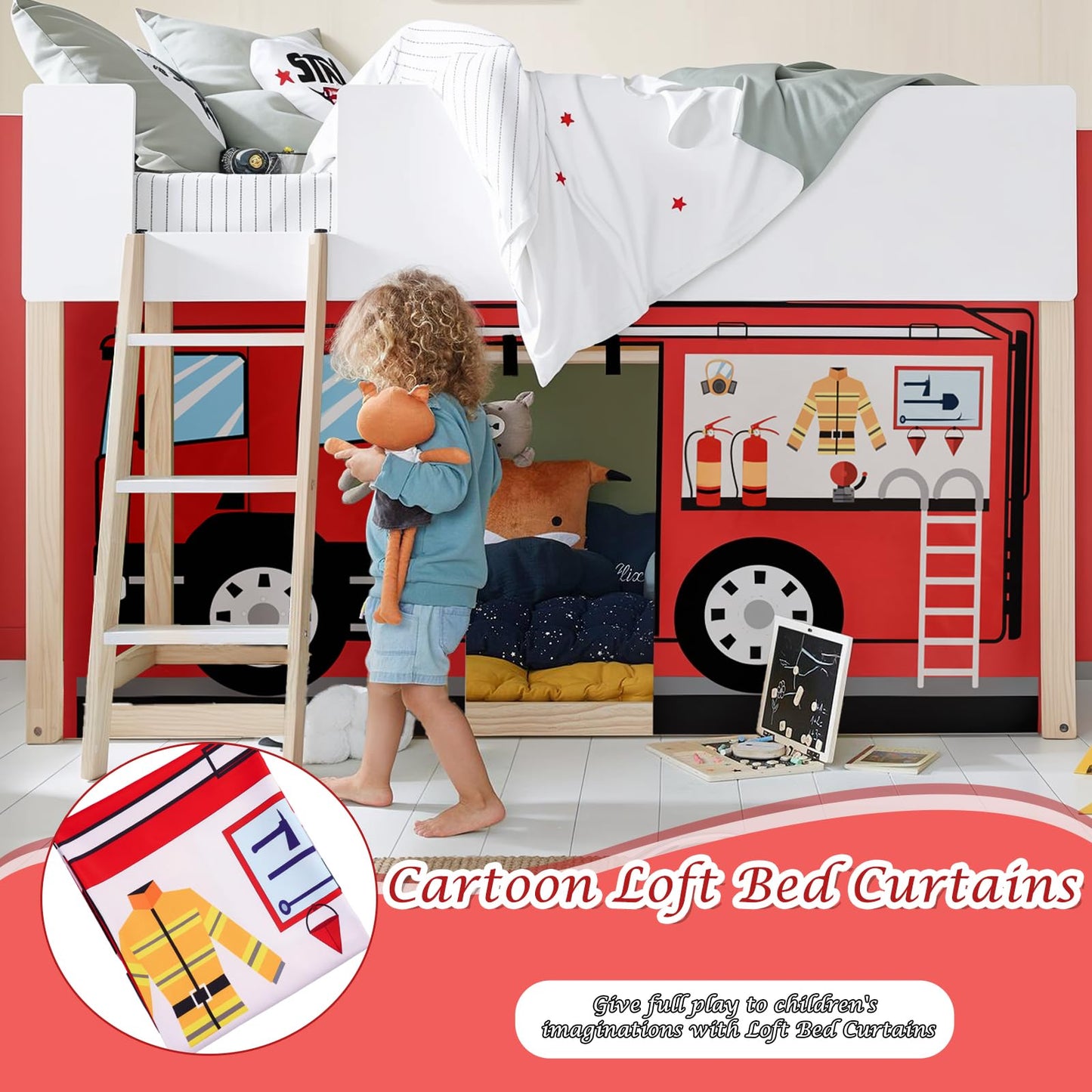YRDKB Fire-Truck Bunk Bed - 33H Curtains Premium and Customizable Cartoon Loft Bed Curtains for Children to Enhance The Imaginative Creation Bedroom Curtains(3PCS,Twins)