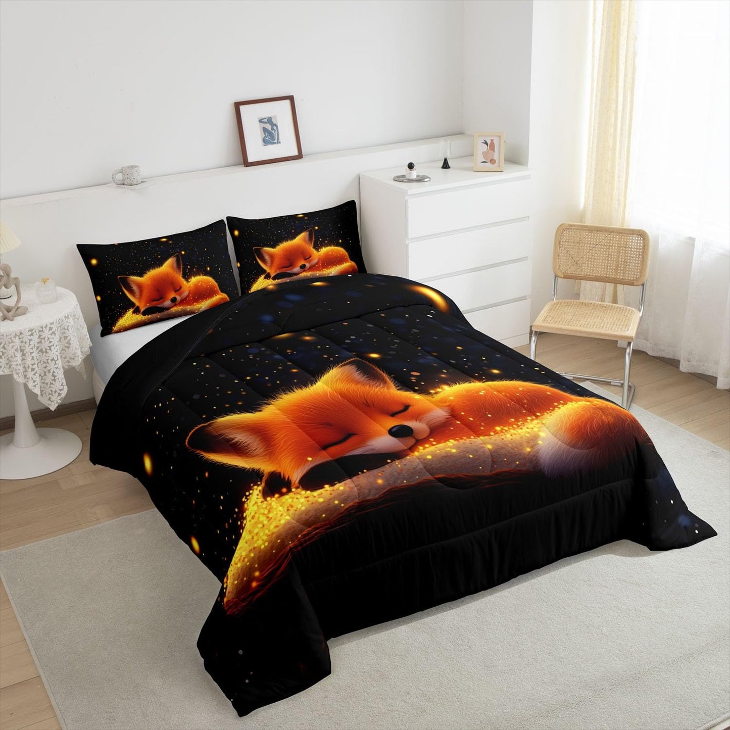 Feelyou Cute Fox Comforter Set Twin Size Kids Galaxy Fox Bedding Set for Boys Girls Teens Universe Animal Comforter Breathable Woodland Fox Duvet Set Glitter Wildlife Quilt Set