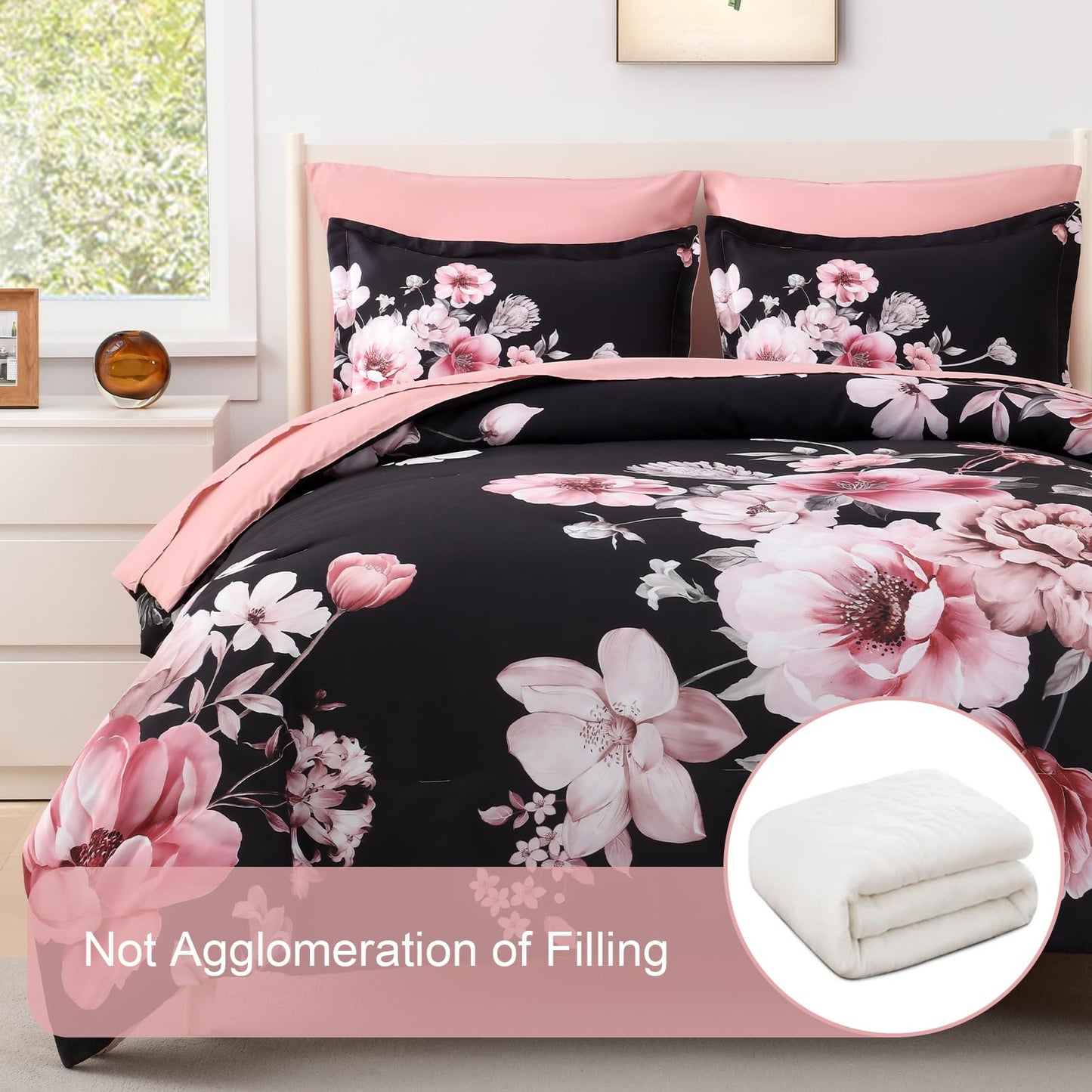 Floral Comforters Queen Size 7 Pieces Botanical Black and Pink Comforter Set Ulter Soft Microfiber Bedding Set, Lightweight Bed Comforter Set with Sheets for All Season (Black, Queen)