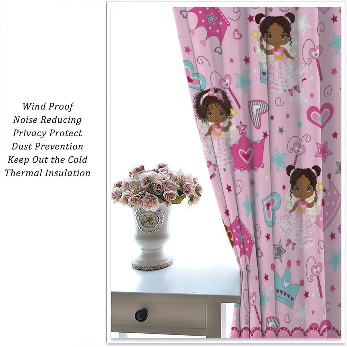 AAVEUP Kids Black Girls Curtains,Cartoon Pink Fantasy Magic Princess Castle Star Love African American Black Girl Window Treatments Drapes for Girls Living Room Bedroom 42x45in（No Blackout）