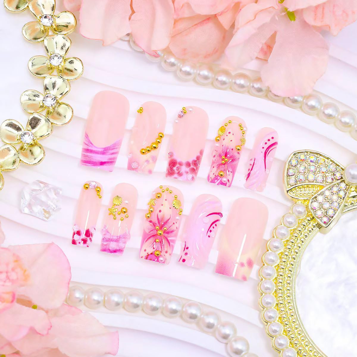 24Pcs Pink Flower Press on Nails Medium Square French Tip Fake Nails with 3D Gold Rhinestones Design Glitter False Nails Nude Full Cover Artificial Glue on Nails Spring Summer Stick on Nails for Women