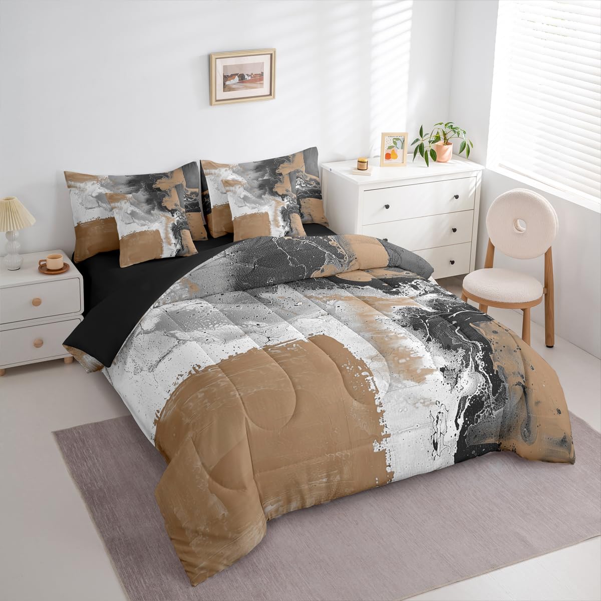 Feelyou Abstract Comforter Set with Sheets 7 Piece King Size Modern Abstract Art Bed in a Bag Kids Boys Girls Luxury Bedding Set Geometric Bedroom Decor Balck and Brown Soft Lightweight Microfiber