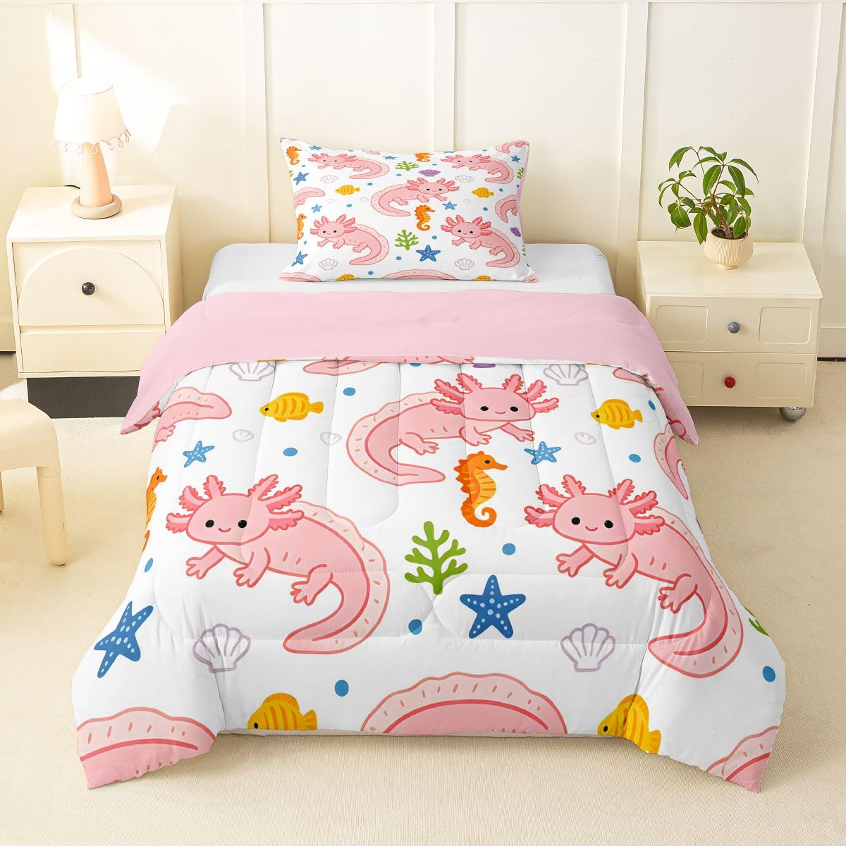 Cartoon Axolotl Kids Comforter Toddler Size,Kawaii Salamander Ocean Sealife Print Quilt Set for Kids Boys Girls Bedroom Decor,Cartoon Ocean Wildlife Bedding Set,Pink White Duvet Insert,1 Pillowcase