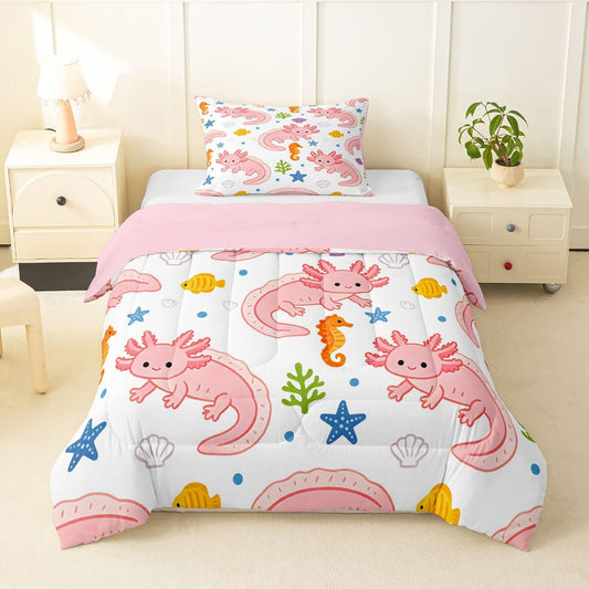 Cartoon Axolotl Kids Comforter Toddler Size,Kawaii Salamander Ocean Sealife Print Quilt Set for Kids Boys Girls Bedroom Decor,Cartoon Ocean Wildlife Bedding Set,Pink White Duvet Insert,1 Pillowcase