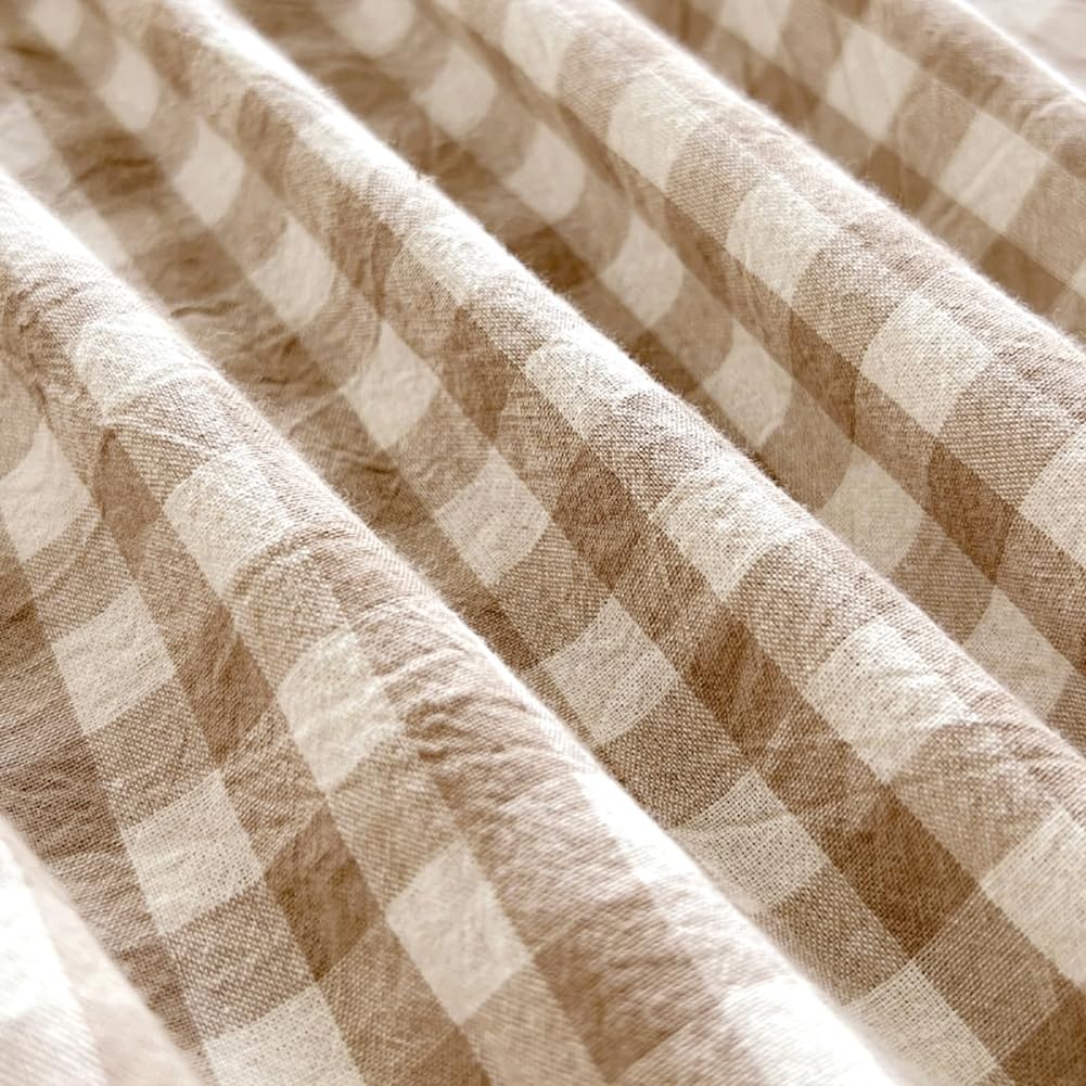 Tan Gingham Fitted Sheet Queen 100% Washed Cotton Taupe Plaid Queen Bed Sheet Grid Single Bottom Sheet with 15" Deep Pocket Gingham Bedding Grid Sheet 1 Piece Cotton Breathable Mattress Cover