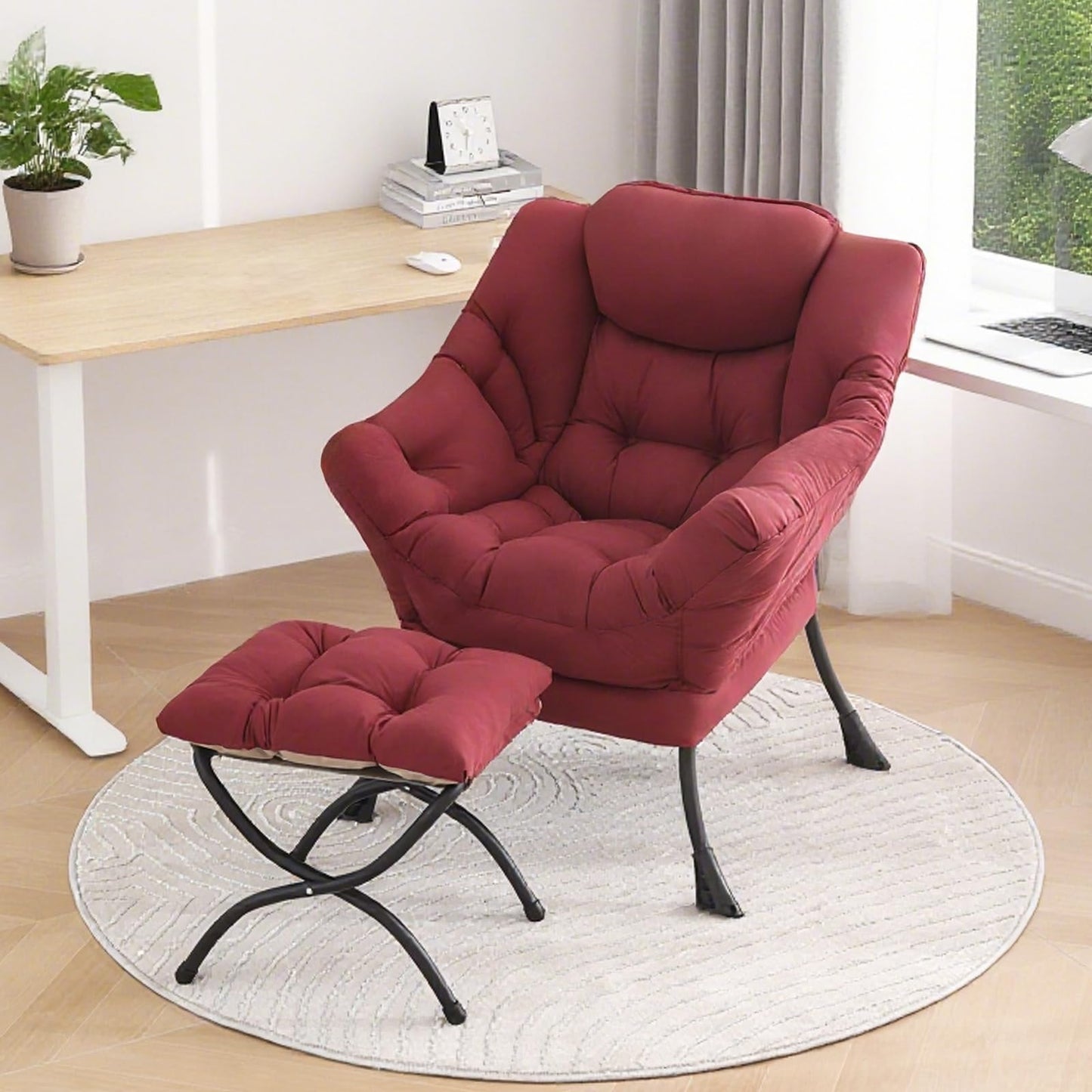 YOTATING Lazy Chair with Ottoman, Lounge Accent Arm Chair with Armrests, Side Pocket and Footrest, Leisure Upholstered Sofa Reading Chair with Footstool for Living Room Bedroom, Burgundy