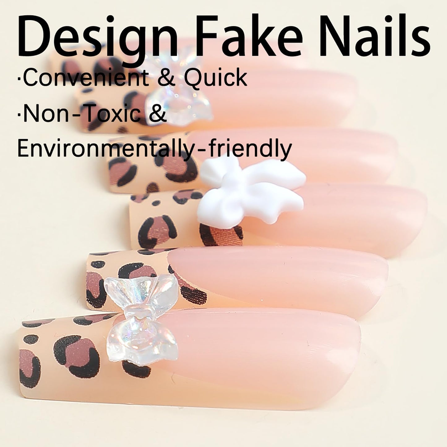 24 Pcs French Press on Nails Long RTKHFZE Square Nude Fake Nails with Leopard Designs False Nails Bow Charms Full Cover Artificial Nails Stick on Nail for Women Girls