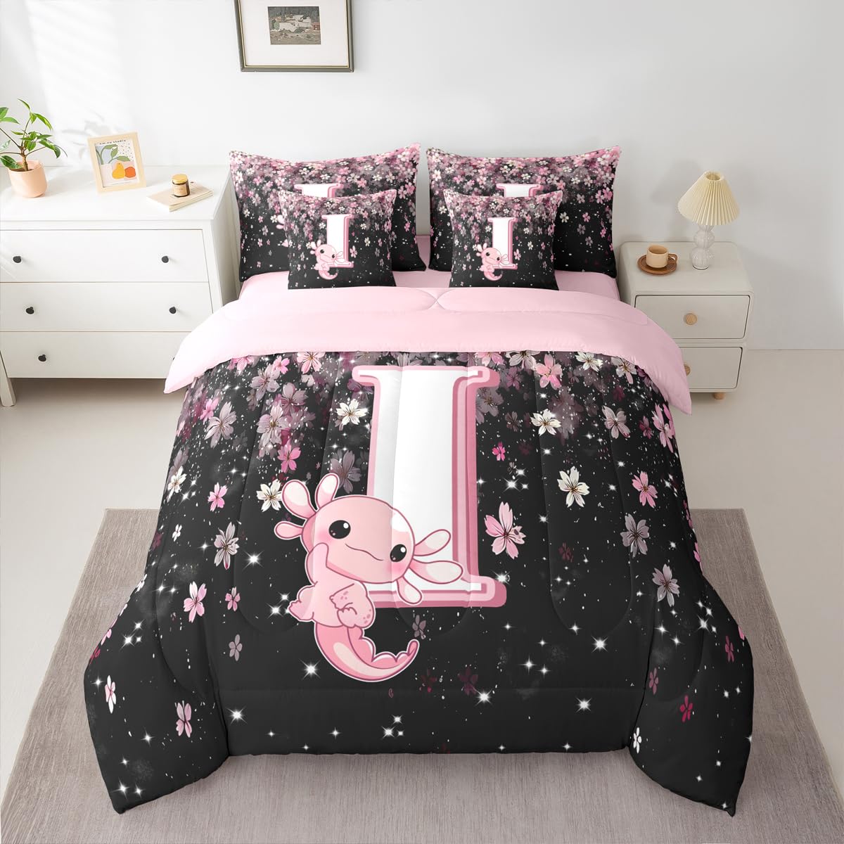 Erosebridal Japanese Cherry Blossom Bedding Set (Twin Size,7 Pieces) Cute Initial Axolotl Comforter Set with Sheets for Teen Girl Pink Axolotl Bed in A Bag with Letter I Design Monogram Duvet Insert