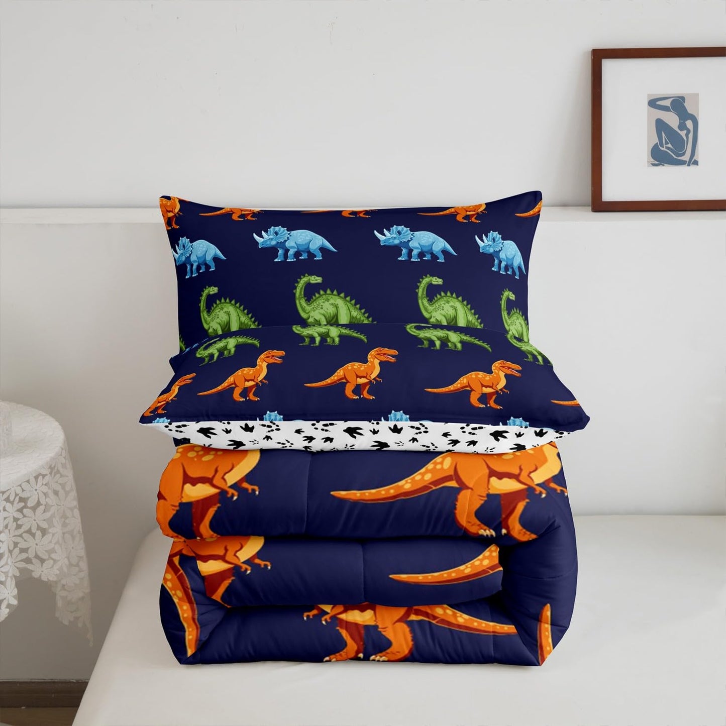 Feelyou Cartoon Dinosaur Bedding Set Queen, Dark Blue Dinosaur Comforter Set for Kids Dinosaurs Print Comforter Boys Girls Jungle Dino Duvet Set Breathable Bedroom Decor with 2 Pillow Case