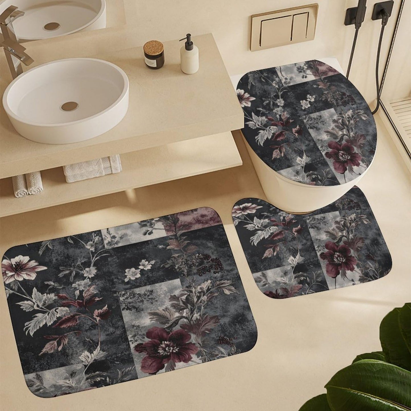 DIPQIMI 4Pcs Luxury Floral Botanical Shower Curtain Sets with Rugs, Toilet Lid Cover and Bath Mat, Classic Patchwork Pattern Bathroom Shower Curtains Set with 12 Hooks