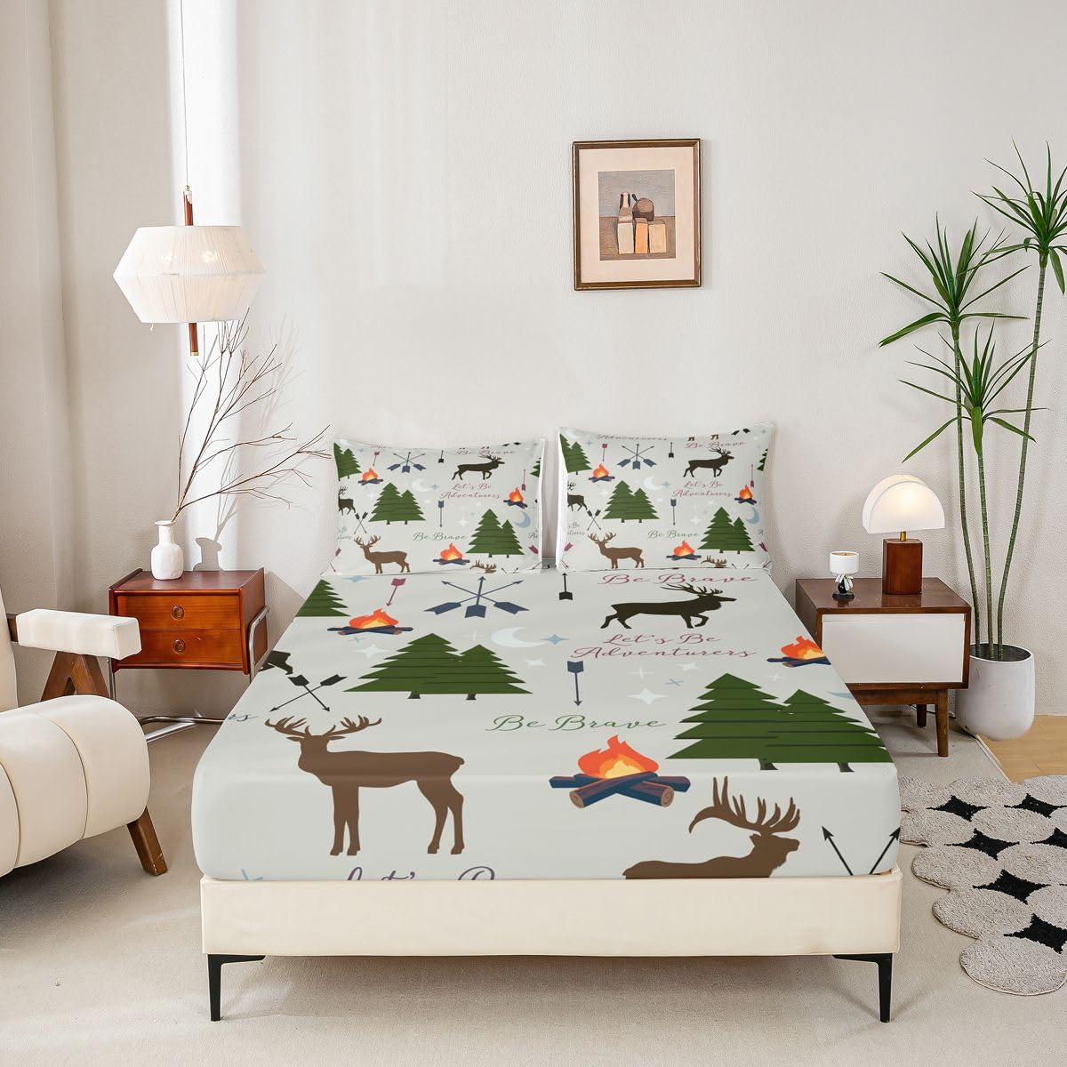 Adventure Deer Bedding Set Twin Size,Cartoon Pine Tree Jungle Animals Fitted Sheet,Arrow and Stars Moon Bed Sheet for Kids Girls Boys Adult Room Decor Rustic Camping Deep Pocket Sheet Green 2Pcs