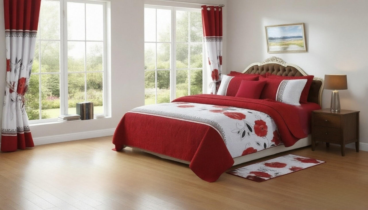 JKCCZLL Queen Size Quilt 12 Piece Set Floral Bedding with Matching Curtains Fitted Sheet Red Queen
