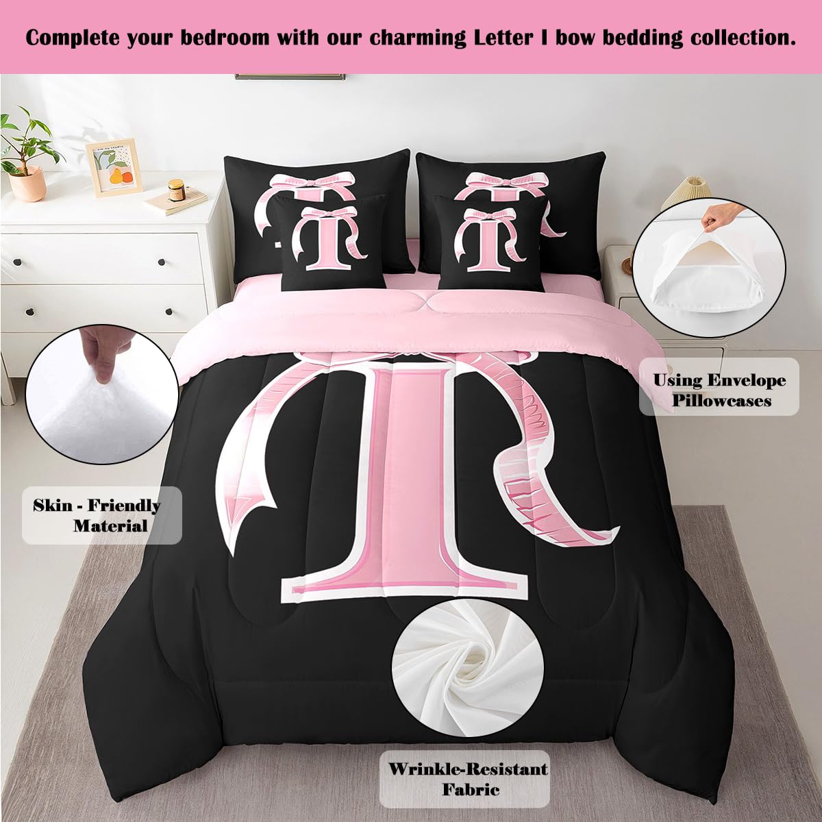 jejeloiu Kids Girls Black Pink Bow Comforter Set with Sheets Twin Size Monogrammed 7 Piece Bedding Set Personalized Initial I Bed in a Bag with Comforter,Sheets,Pillowcases Modern Fashion Bed Set