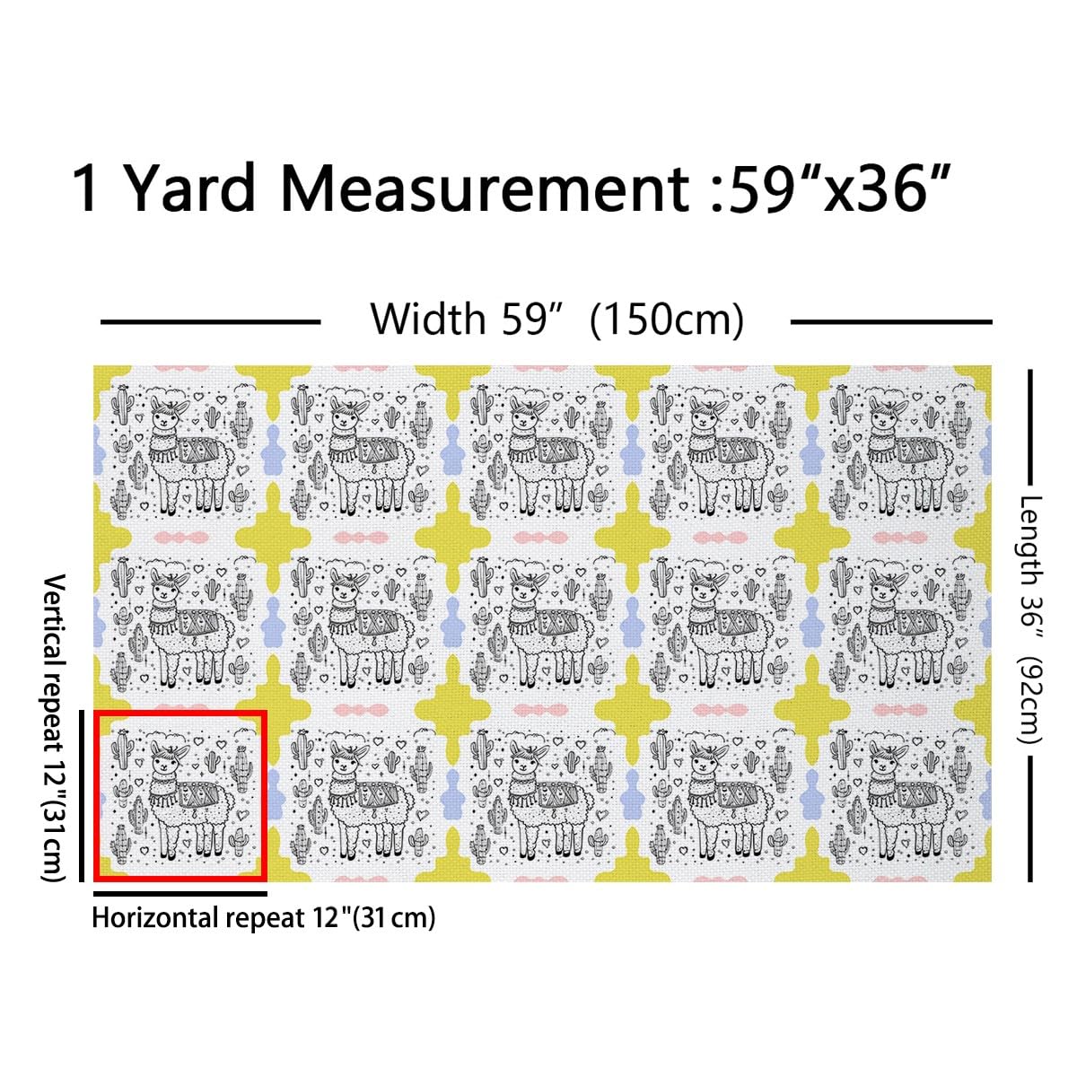Cartoon Alpaca Fabric by The Yard Hand Drawn Style Cute Cactus No Stretch Fabric for Sewing Lovely Animal Hippie Graffiti Soft Flannel Polyester Fabric for DIY Home Accents 1 Yard Pre-Cut,36"x59"