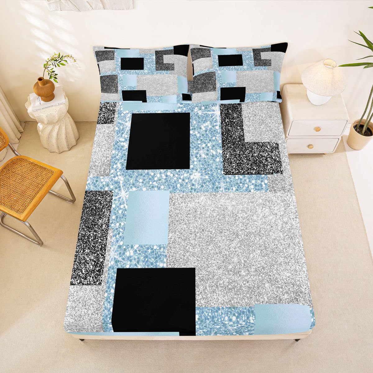 Feelyou Modern Abstract Bed Sheets Set Queen Size Geometric Aesthetic Bed Set for Kids Boys Girls Blue Glitter Deep Pocket Fitted Sheet Breathable Soft Lightweight Microfiber