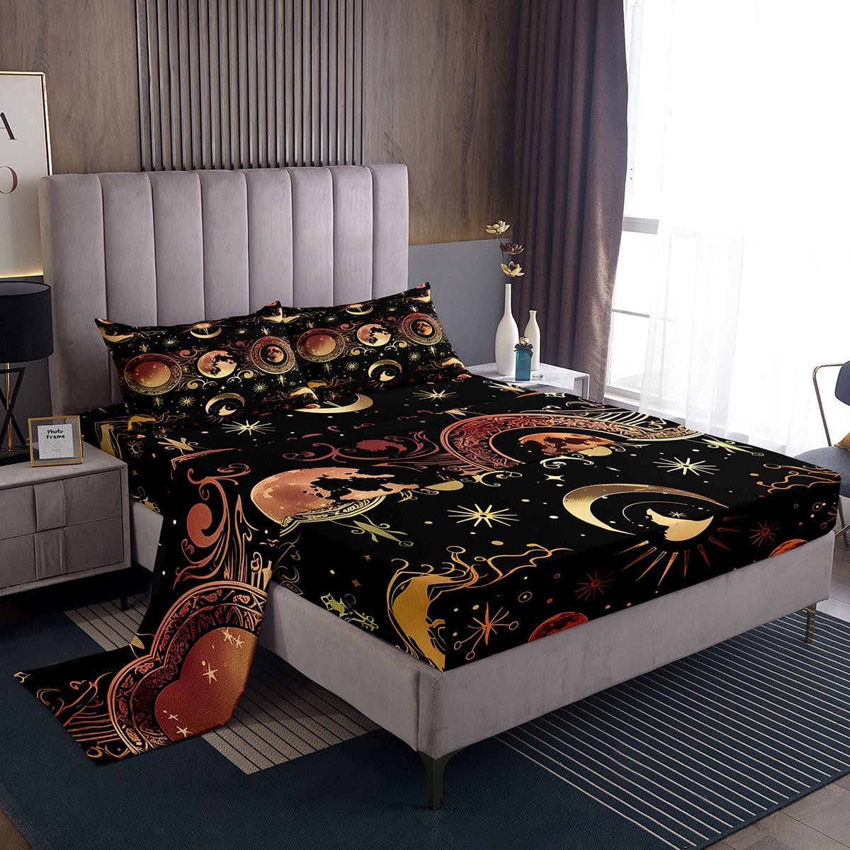 jejeloiu Sun Moon Bed Sheets Set Twin Size Bohemian Deep Pocket Fitted Sheet Galaxy Bedding Sets Boho Exotic Soft Bed Set 3Pcs with 1 Pillow Cases