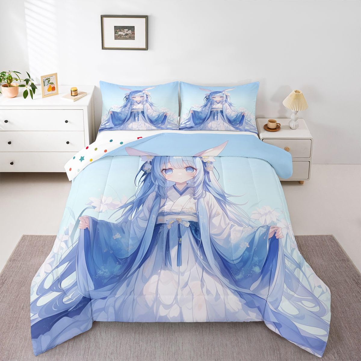 Erosebridal Traditional Japanese Comforter Set, 3D Anime Bedding for Kids Girls, Kawaii Decor With Blue Butterfly, Down Comforter Full Size