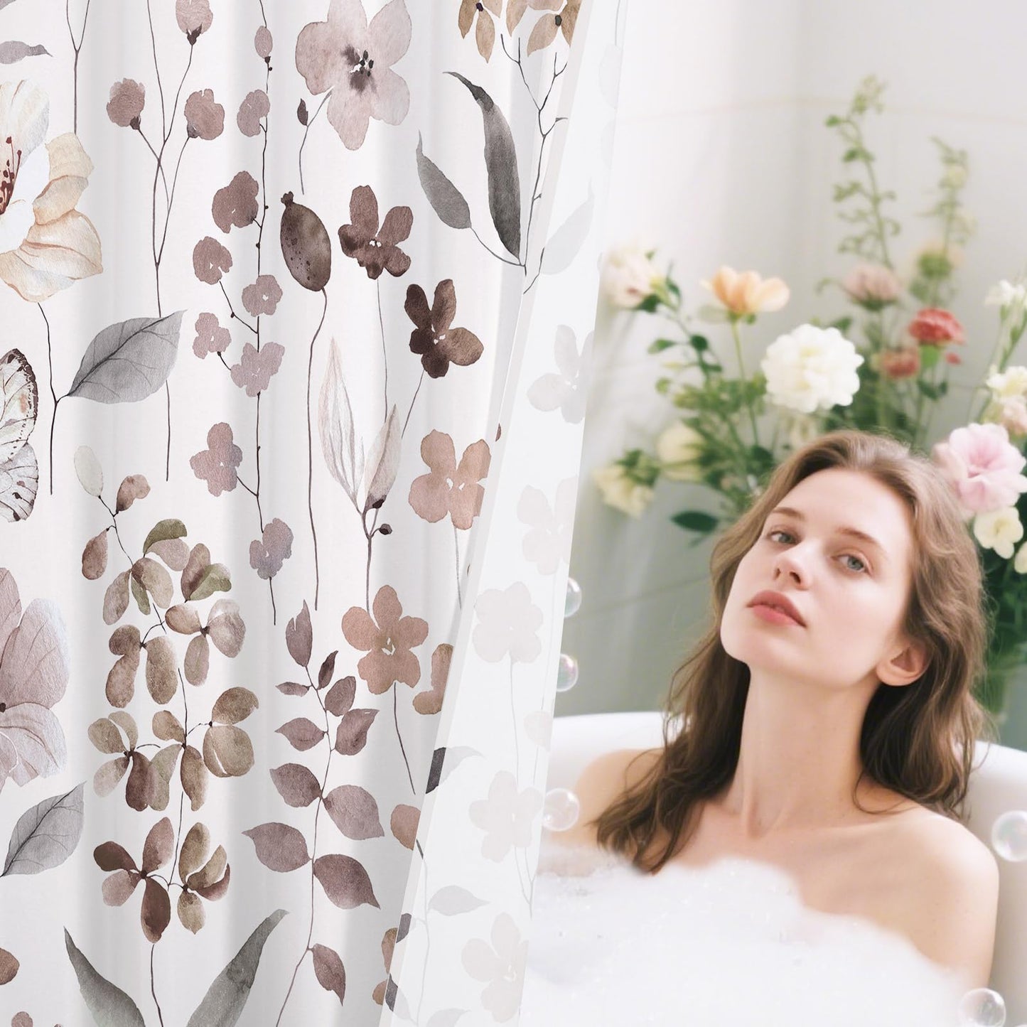 Litabel Extra Long Brown Floral Shower Curtain, Plant Leaves with Flower Shower Curtains for Summer Bathroom Decor, Modern Farmhouse Waterproof Botanical Bathroom Curtain 72x84 Inch