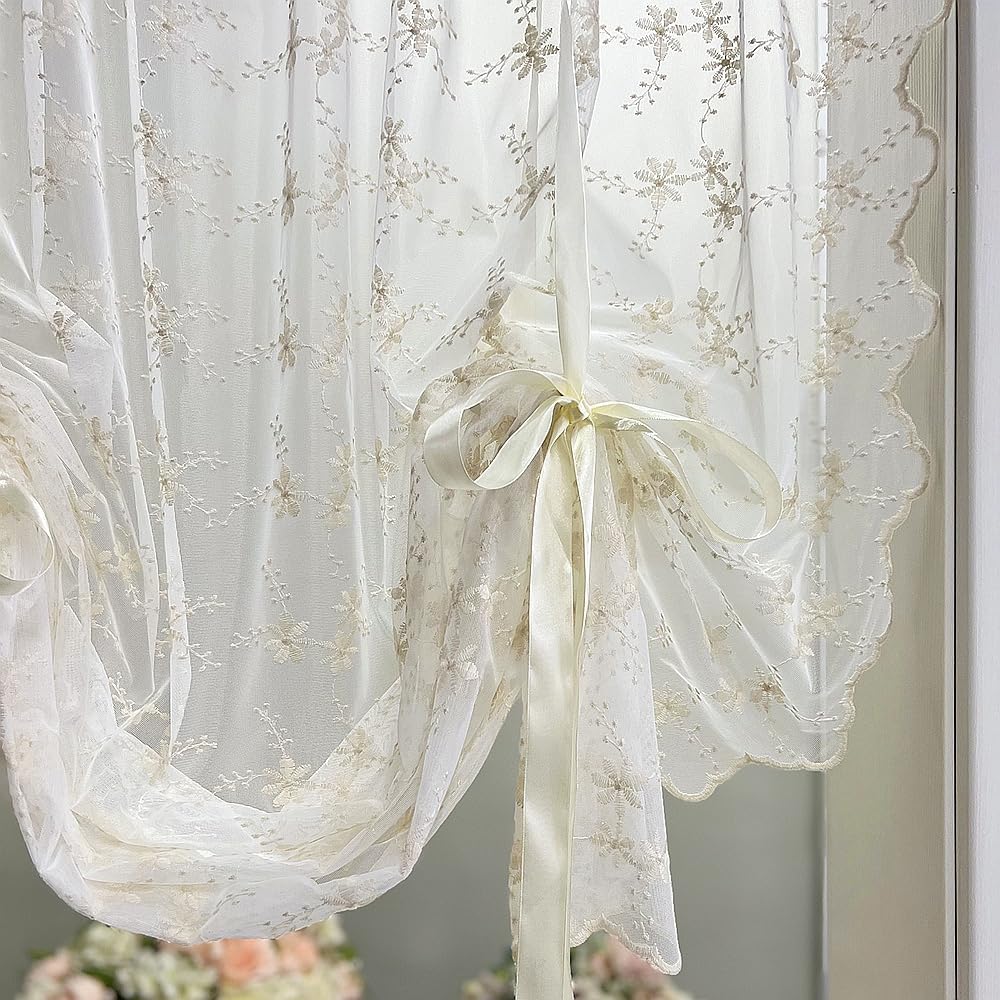 Beige Romantic Little Floral Woven Lace Tie Up Balloon Curtain for Kitchen