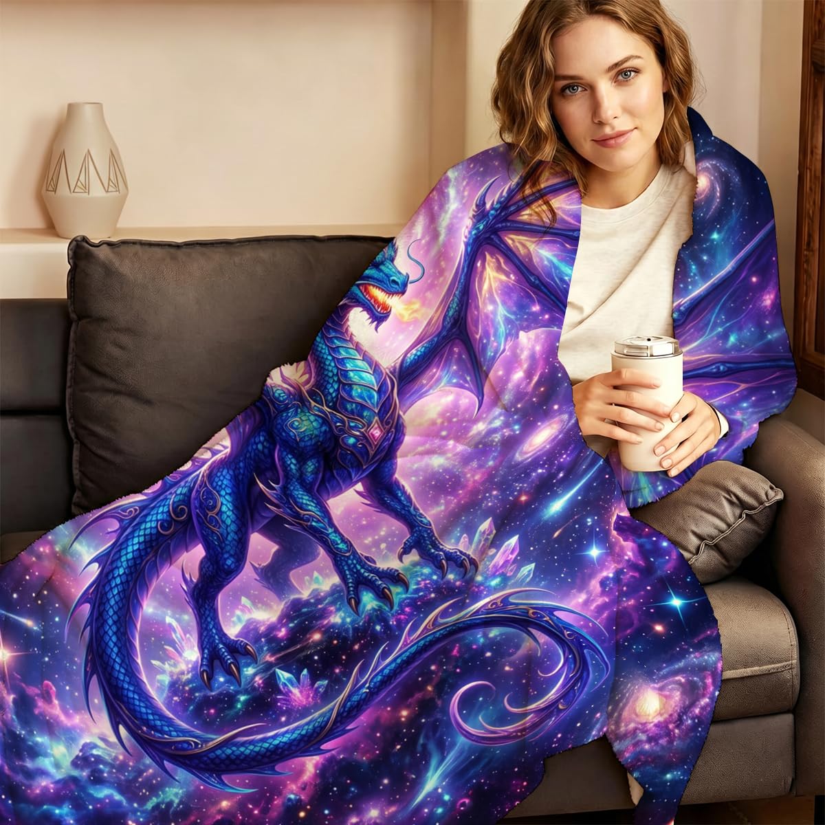 Yujiiso Cosmic Galaxy Dragon Blanket, Soft Flannel Fleece Throw 50" x 60"