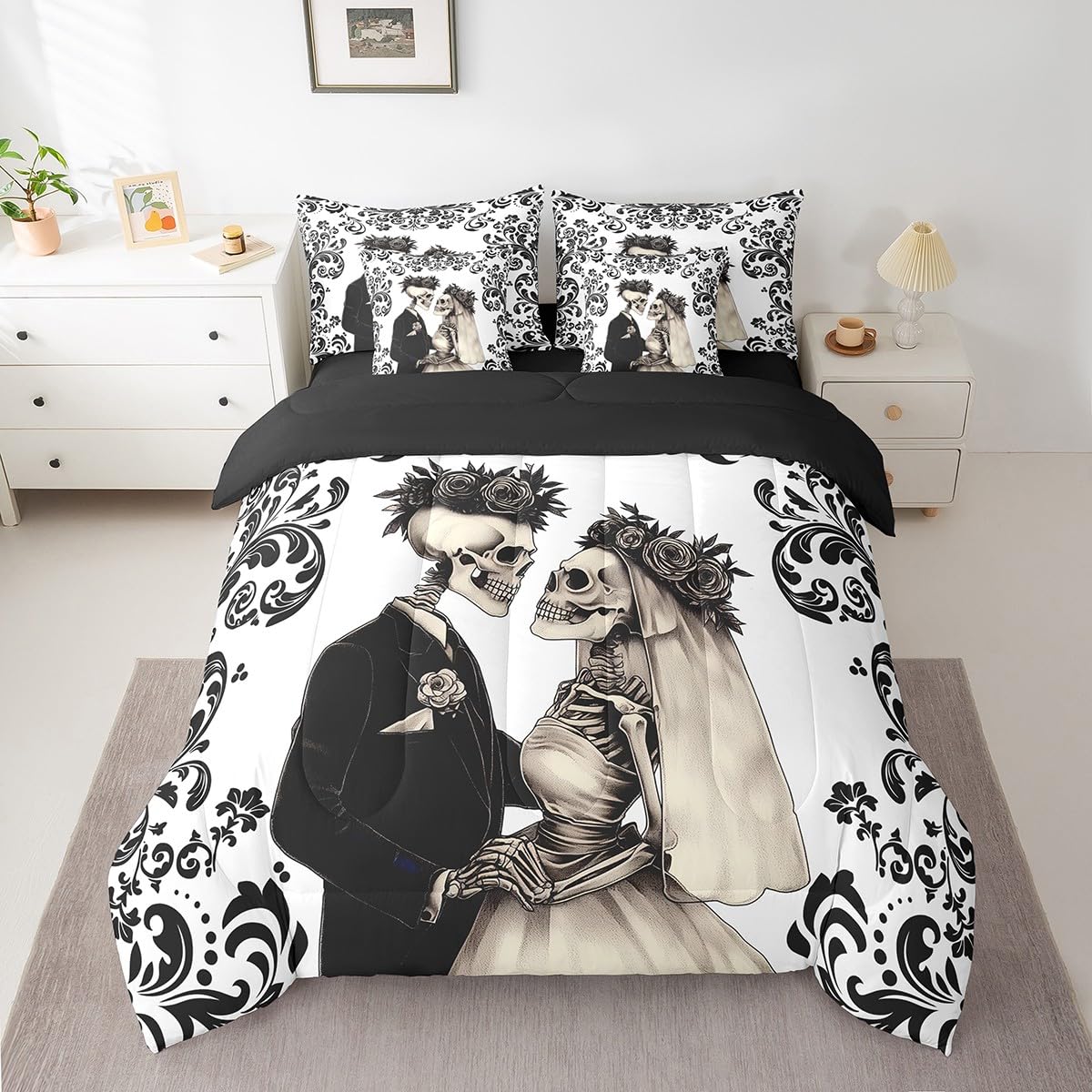 Erosebridal Skull Gothic Queen Bedding Set 7 Piece for Couple Wife Husband,Black White Damask Skull Goth Bed in A Bag,Wedding Anniversary Valentines Day Comforter Set with Sheets Romantic Bed Set
