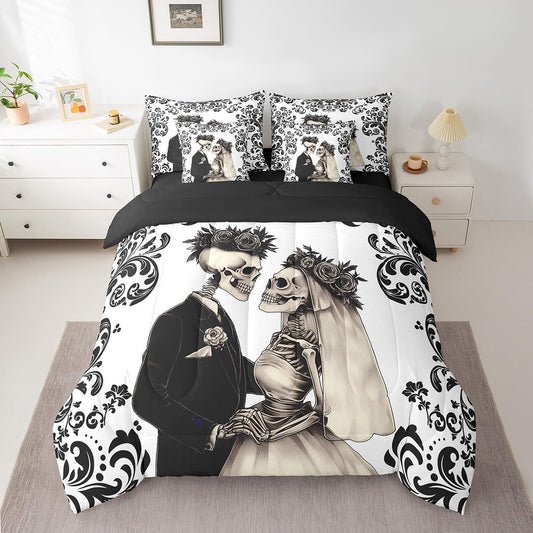 Erosebridal Skull Gothic Queen Bedding Set 7 Piece for Couple Wife Husband,Black White Damask Skull Goth Bed in A Bag,Wedding Anniversary Valentines Day Comforter Set with Sheets Romantic Bed Set