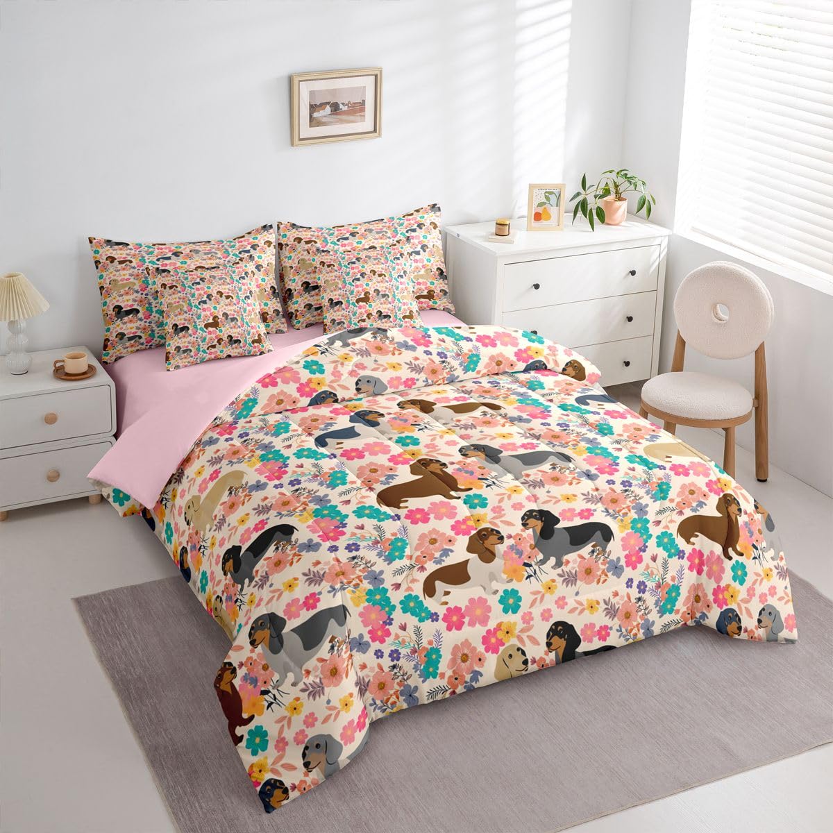 Dachshund Decor Pink Floral Queen Comforter Set with Sheets | Dachshund Gifts for Women Puppy 7 Piece Bedding Set Lovely Pup Dog Flowers Bed in a Bag, Dog Lover Cute Pet Doggy Animal Room Decor