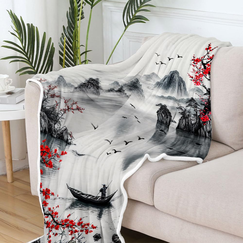 DYNH Japanese Cherry Blossom Blanket, Asian Nature Landscape Throw Blanket, Mountain Cherry Branches Red Sun Ink Painting Soft Warm Flannel Black White Grey Blanket,50X60