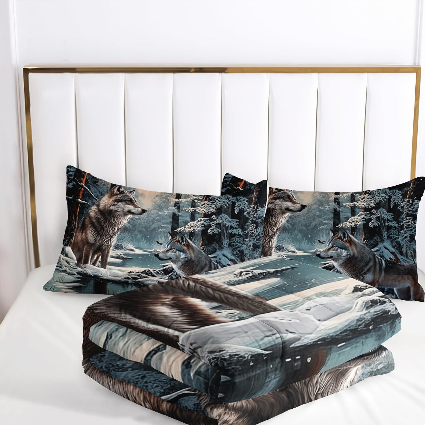 AILONEN Snow Wolf Comforter Set Queen Size, Brown Wolf Bedding Set,Snowfield Forest Animals Printed Comforter Sets,Teen Boys Breathable Duvet Set 3 Pieces, 1 Quilt and 2 Pillowcases