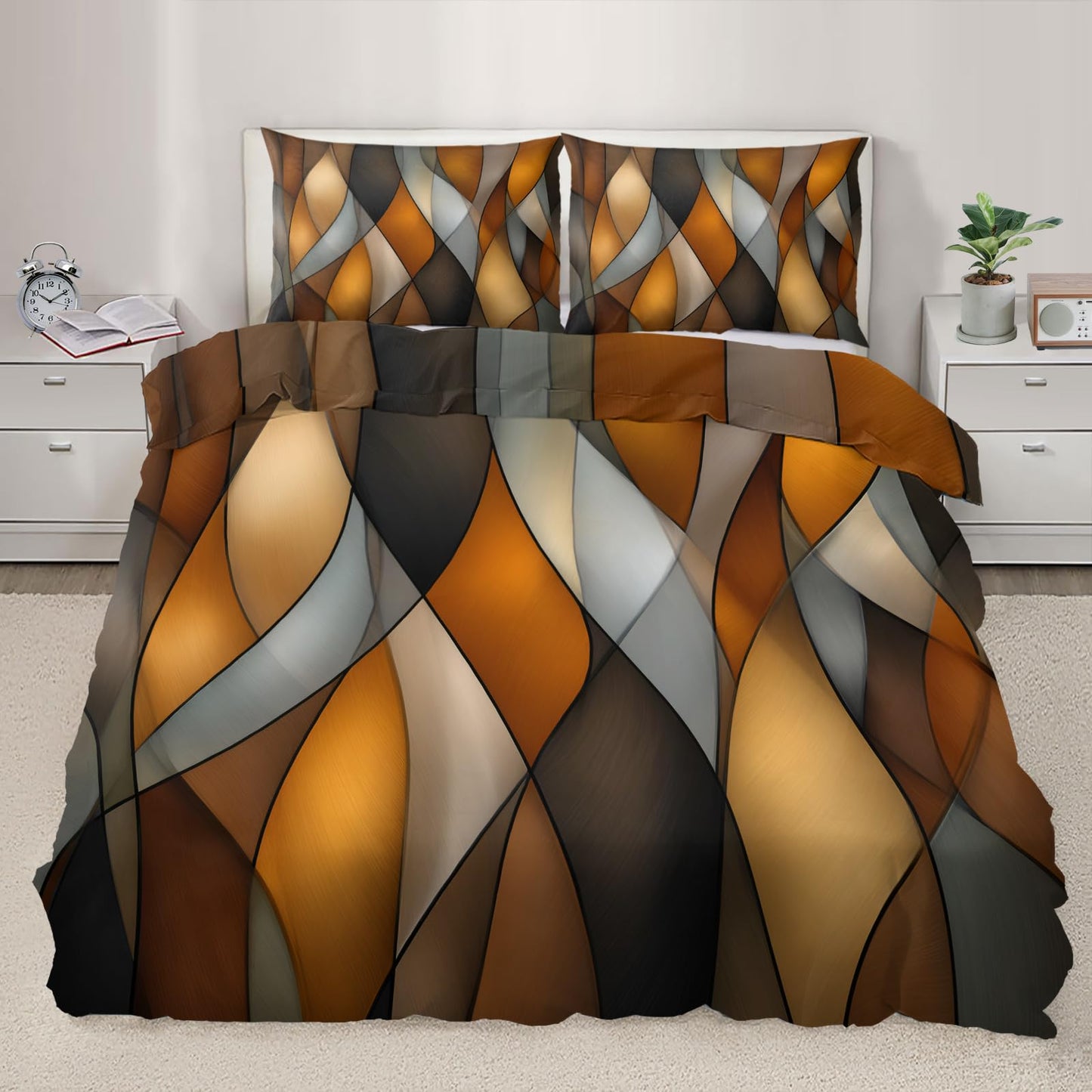ZAOMIR Orange Black Geometric Stripes Duvet Cover Twin Size, Mid Century Modern Geometrics Lines Bedding Set 3 Piece, Ombre Abstract Striped Patterned Comforter Cover with Zipper, 2 Pillowcases