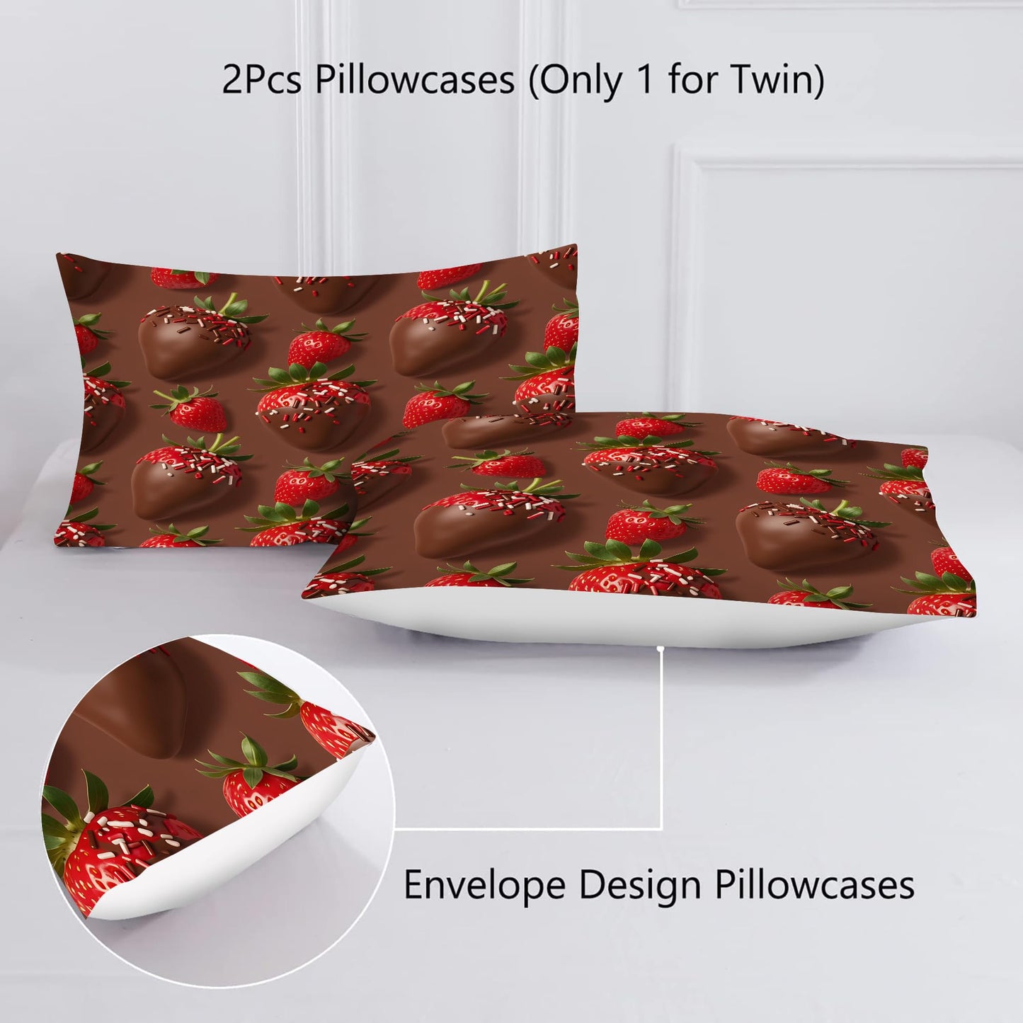 VTKON Chocolate Strawberry Comforter Set Queen for Kids Girls Sweet Dessert Print Bedding Set 3 Pcs with 1 Comforter and 2 Pillowcases Brown Bed Set Bedroom Decor