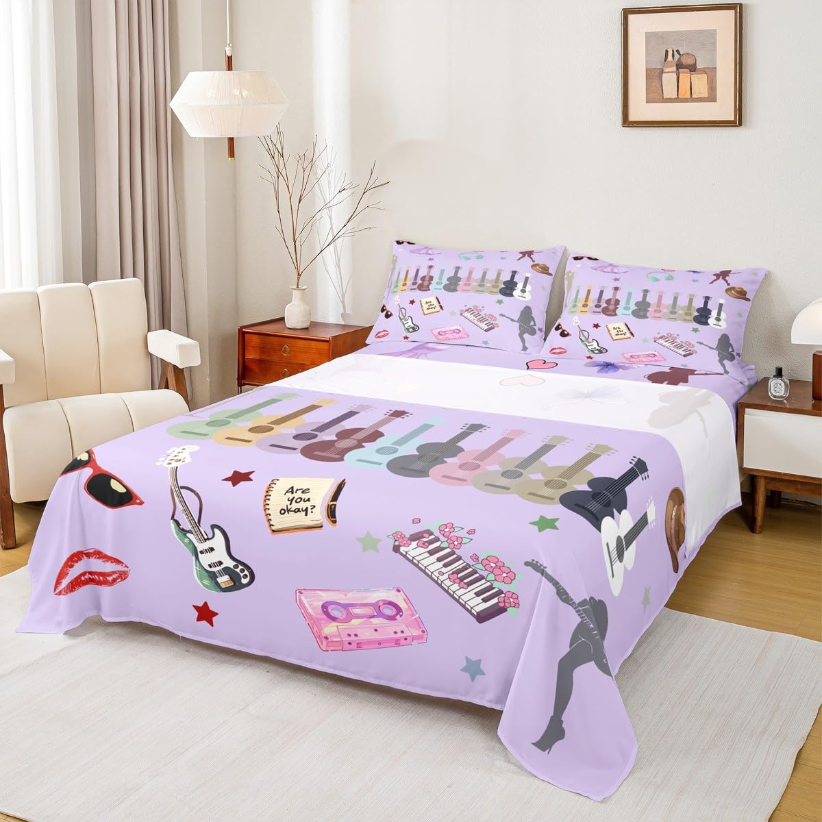 Erosebridal Music Fans Print King Bed Sheets Set Guitar Sheet Set Purple Sheets Modern Fashion Flat Fitted Sheet Gift for Singer Fans
