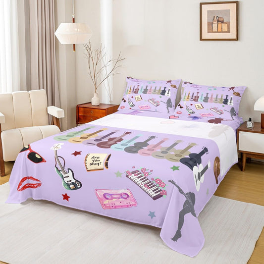Erosebridal Music Fans Print King Bed Sheets Set Guitar Sheet Set Purple Sheets Modern Fashion Flat Fitted Sheet Gift for Singer Fans