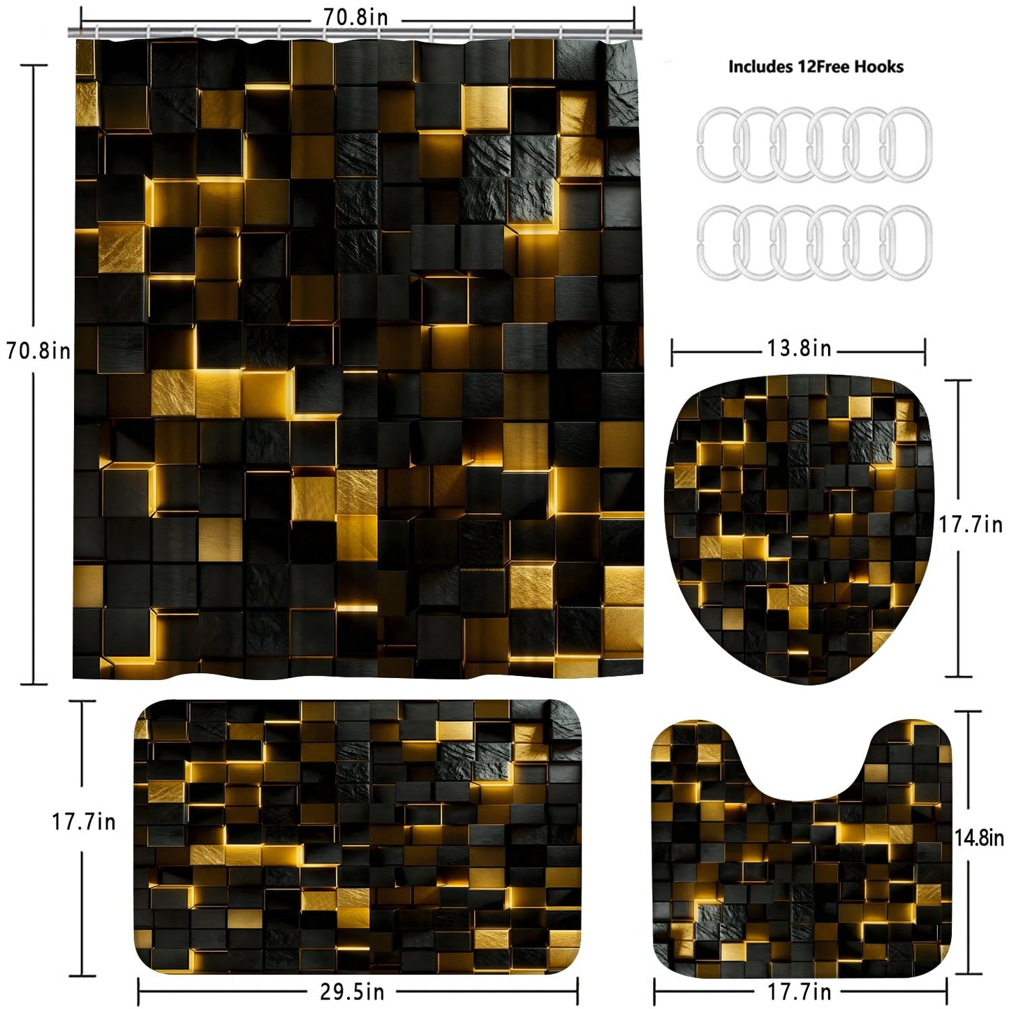 LQCOOL 4Pcs Black and Gold Shower Curtain Set 3D Cubes Bathroom Sets Modern Shower Curtain Set for Bathroom Sets with Rugs and 12 Hooks