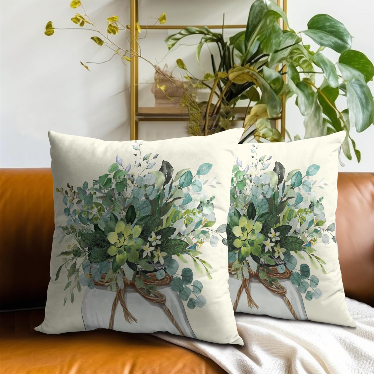 Mweet Watercolor Eucalyptus Leaves Pillow Covers Set of 2, 16x16 Inch Spring Summer Natural Green Plant Floral Cotton Square Pillow Case Soft Cushion Cover for Couch Sofa Living Room