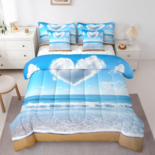 jejeloiu Beach Comforter Set 7 Pieces Full Size Kids Ocean Print Coastal Bed in a Bag for Boys Girls Love Pattern Bedding Set Natural Landscape,Comforter + Sheets + Pillowcases + Cushion Covers