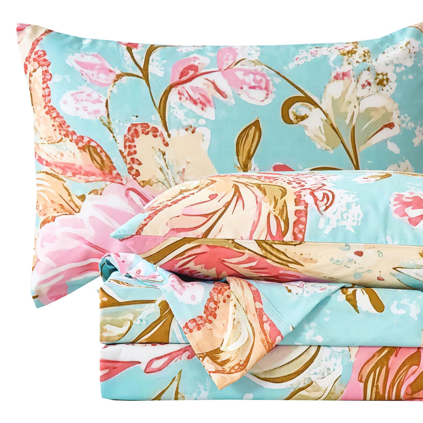 Zusbest Blue Paisley Sheets Queen Size 100% Cotton Satin Weave Pink Floral Bed Sheet Set Abstract Design, Soft Cooling for Hot Sleepers, Luxury Shabby-Chic Countryside Bed Set Deep Pocket 17.5‘’