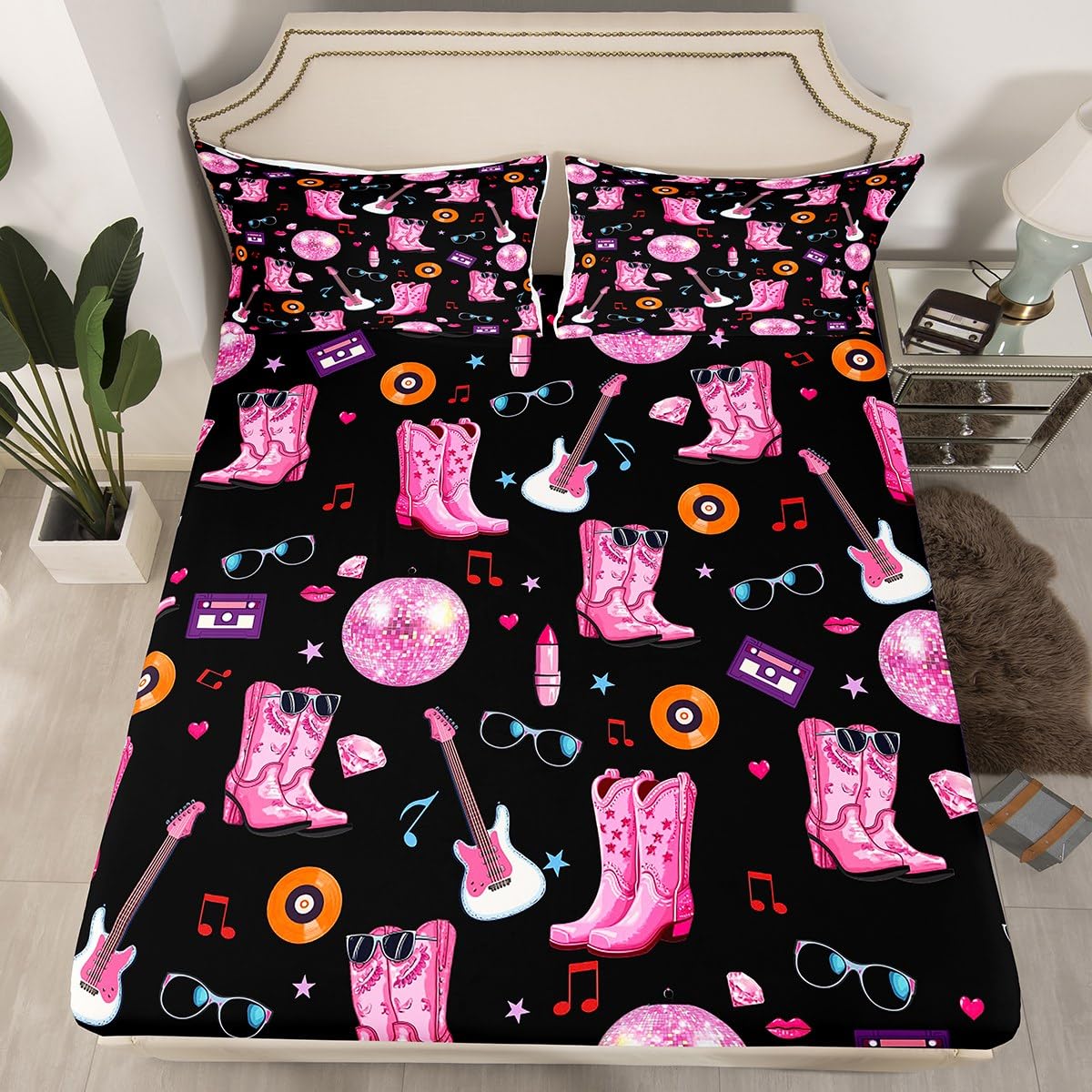 Erosebridal Music Gift Bed Sheets Set for Women Girls King Cowgirl Music Theme Sheet Set Western Horseshoe Guitar Disco Ball Sheets Black Flat Fitted Sheet 4 Pcs for Music Lover Fans