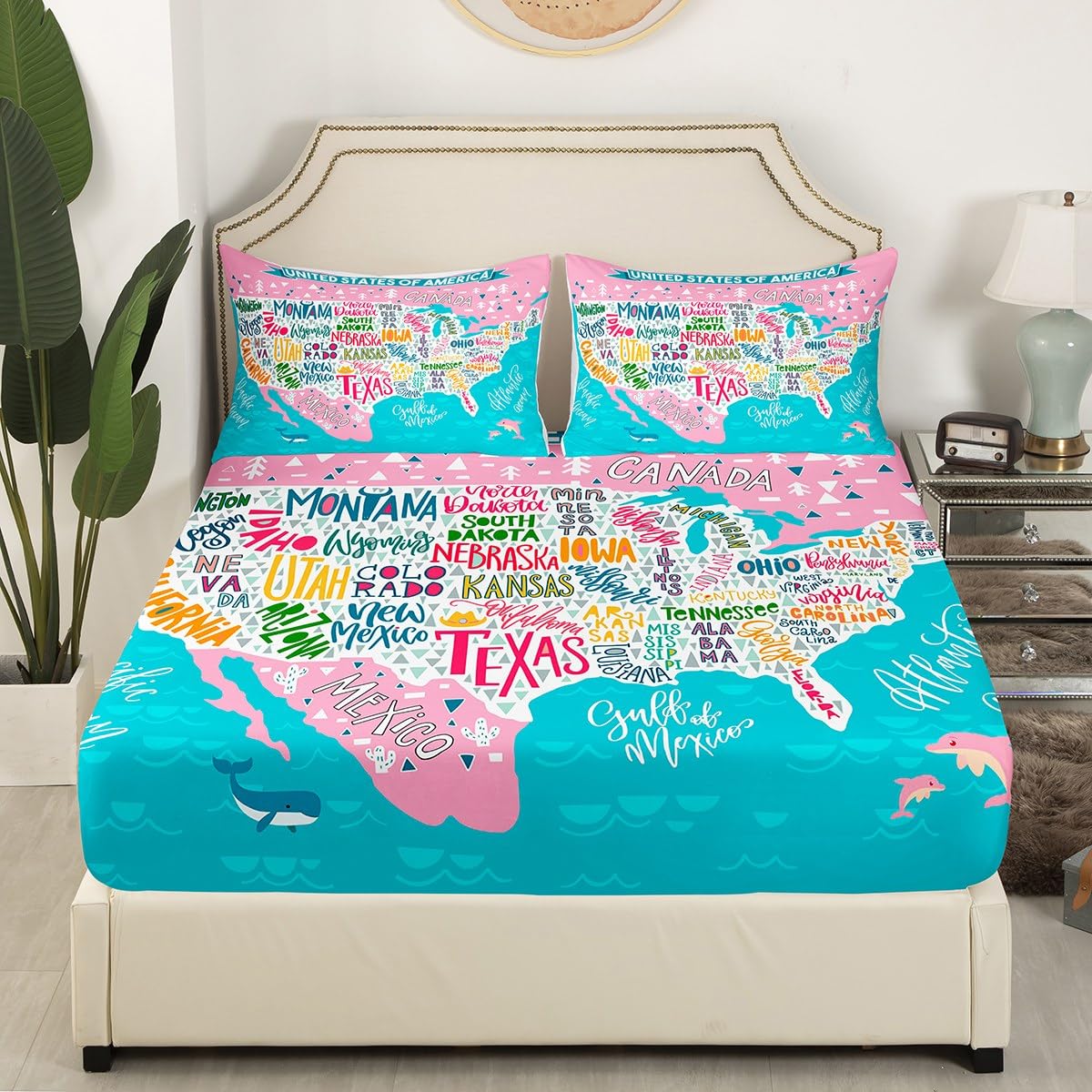 Blue Pink USA Map Fitted Sheet Twin, Geography Bed Cover Lightweight Bed Set