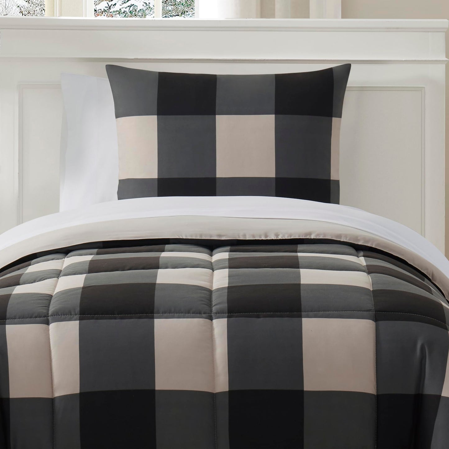 5 Piece Comforter Set Bed in a Bag Buffalo Check Christmas Print All Season Soft Down Alternative Bedding Comforter Set & Luxurious White Microfiber Bed Sheets, Twin, Buffalo Plaid Black/Gray