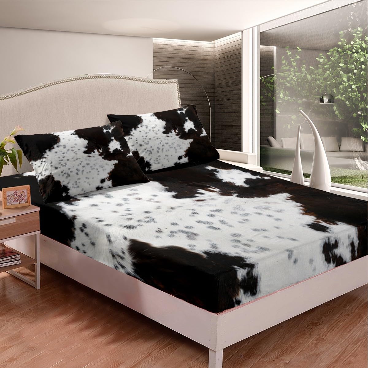 Abstract Cow Fur Print Fitted Sheet Full Size, White Brown Cowhide Print Bedding Set(No Top Sheet), Animal Skin Print Bed Cover with 2 Pillowcases, Kids Boys Girls Room Decor, Soft Polyester Bedding
