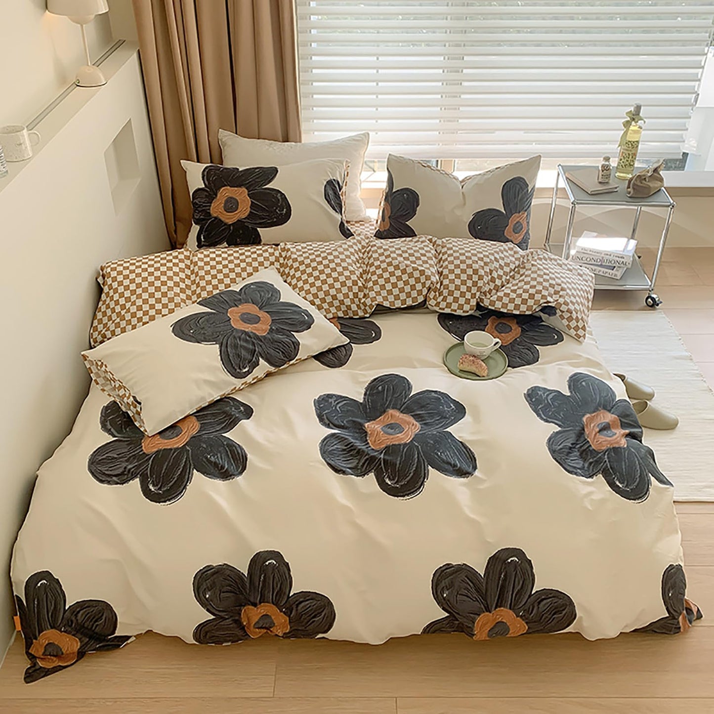 Luxlovery Boho Floral Comforter Set Queen Women Girls Black Sunflower Bedding Comforter Set Botanical Blanket Quilts Cute Beige Black Blossom Bedding Set for Queen Bed