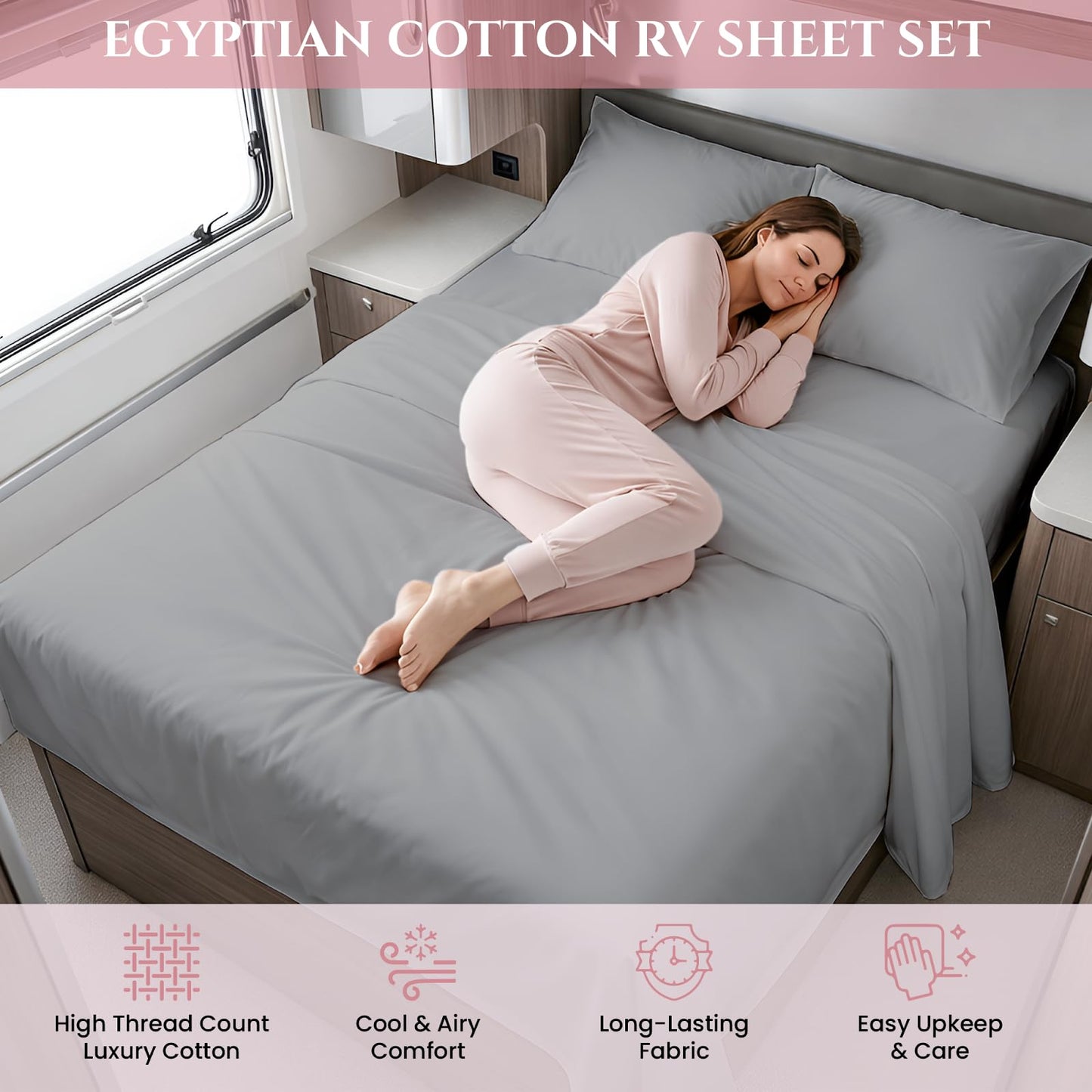 MyGiza Sheets 400TC Egyptian Cotton RV King (72 x 80) 4Pc Set - Soft, Durable, Deep Pocket Sateen Weave Sheets with Superb Elastic for Low Profile Foam & Tall Mattresses - Solid Light Gray